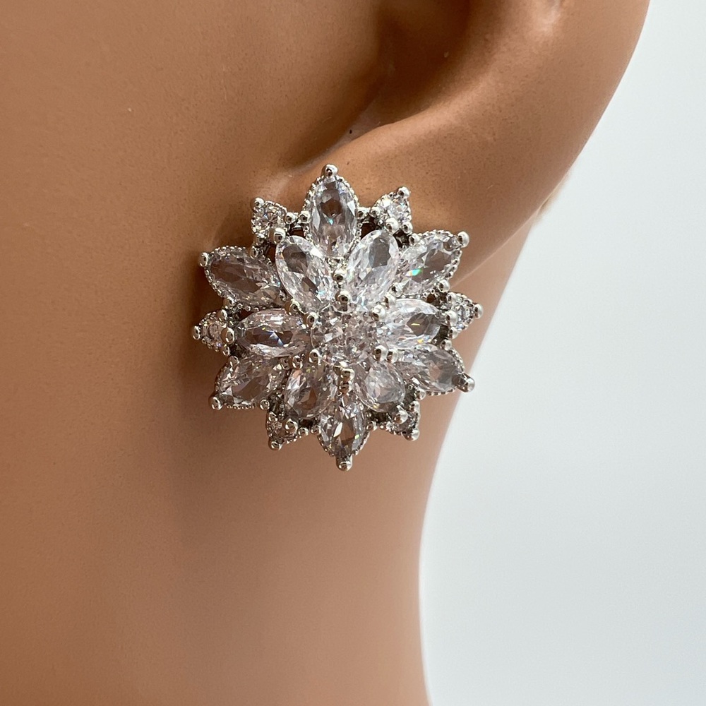 Silver Flower Cluster Earrings - Picture 6 of 8
